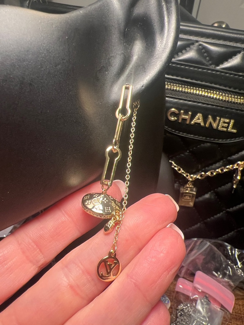 Gold Tone Engraved Dome Charm Necklace with Logo Disc - Picture 4 of 11